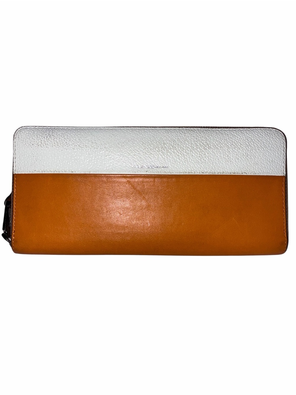 COACH BOARSKIN SLIM ACCORDION ZIP WALLET RETRO ORANGE/WHITE COLORBLOCK